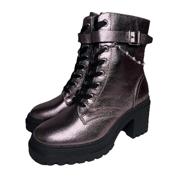 Pop Combat Boots Metallic Purple Lug Sole Heeled Lace Up Chain Punk Size 7 $90 - Picture 1 of 14